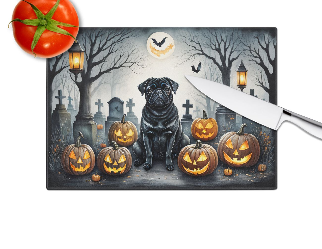 NEW Black Pug Spooky Halloween Glass Cutting Board Decorative Tempered Glass Kitchen Cutting and Serving Board Large Size Chopping Board