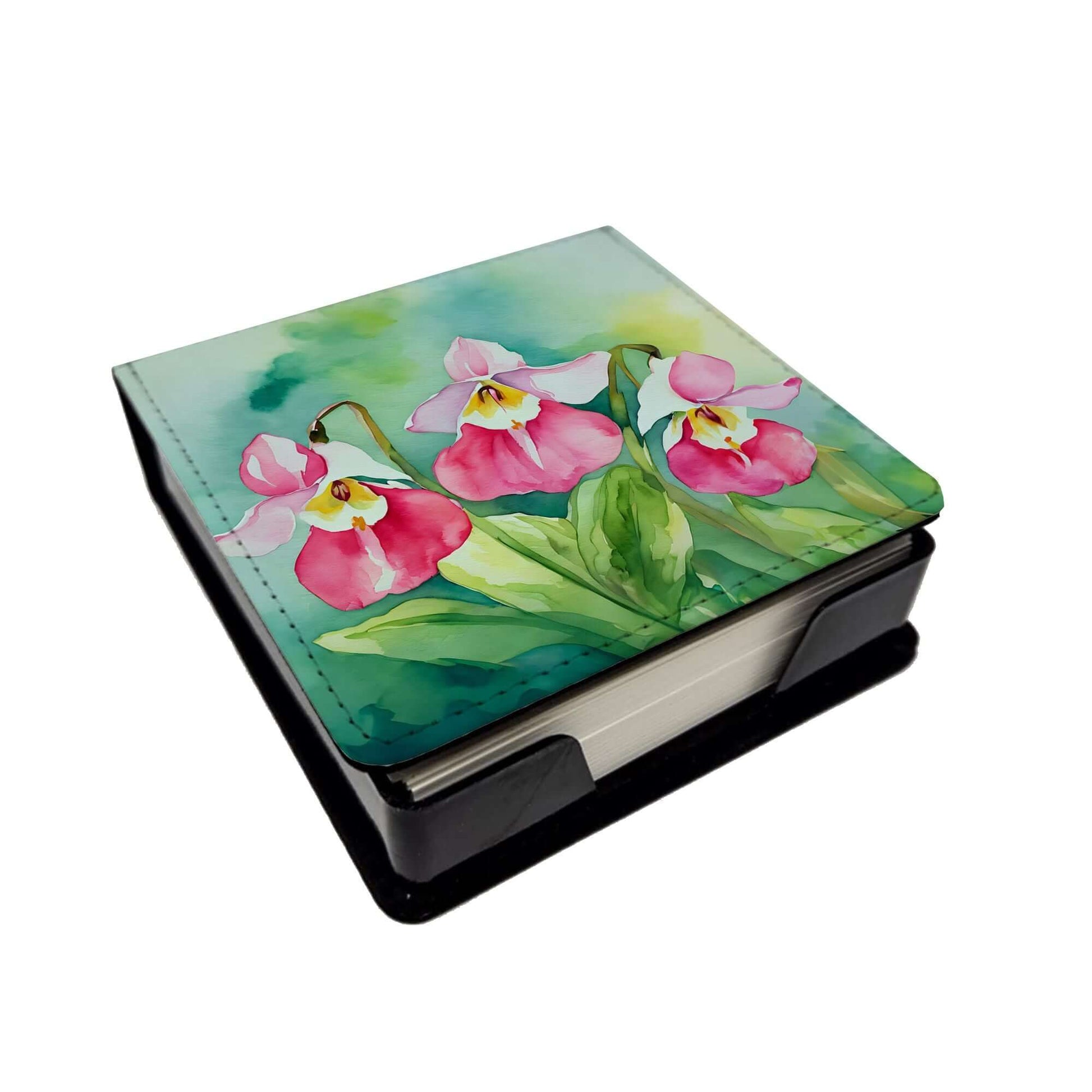 Minnesota Pink and White Lady's Slippers in Watercolor PU Leather Note Paper Holder with Artist-Designed Cover, Desk Accessory, Office Gift