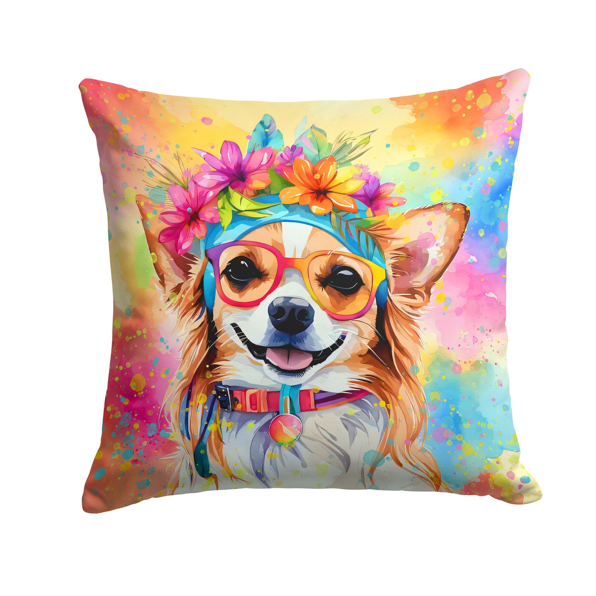 Chihuahua Hippie Dawg Throw Pillow Machine Washable, Indoor Outdoor Decorative Pillow for Couch, Bed or Patio, 14Hx14W
