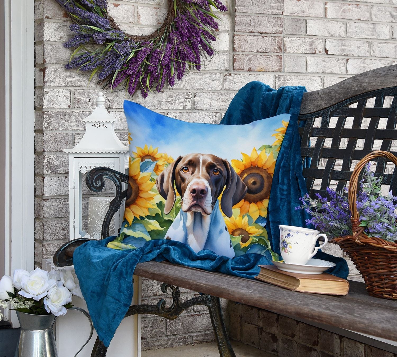 Pointer in Sunflowers Throw Pillow Machine Washable, Indoor Outdoor Decorative Pillow for Couch, Bed or Patio, 18Hx18W