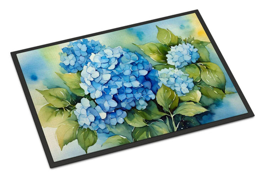 NEW Hydrangeas in Watercolor Doormat Front Door Mat Indoor Outdoor Rugs for Entryway, Non Slip Washable Low Pile, 18H X 27W