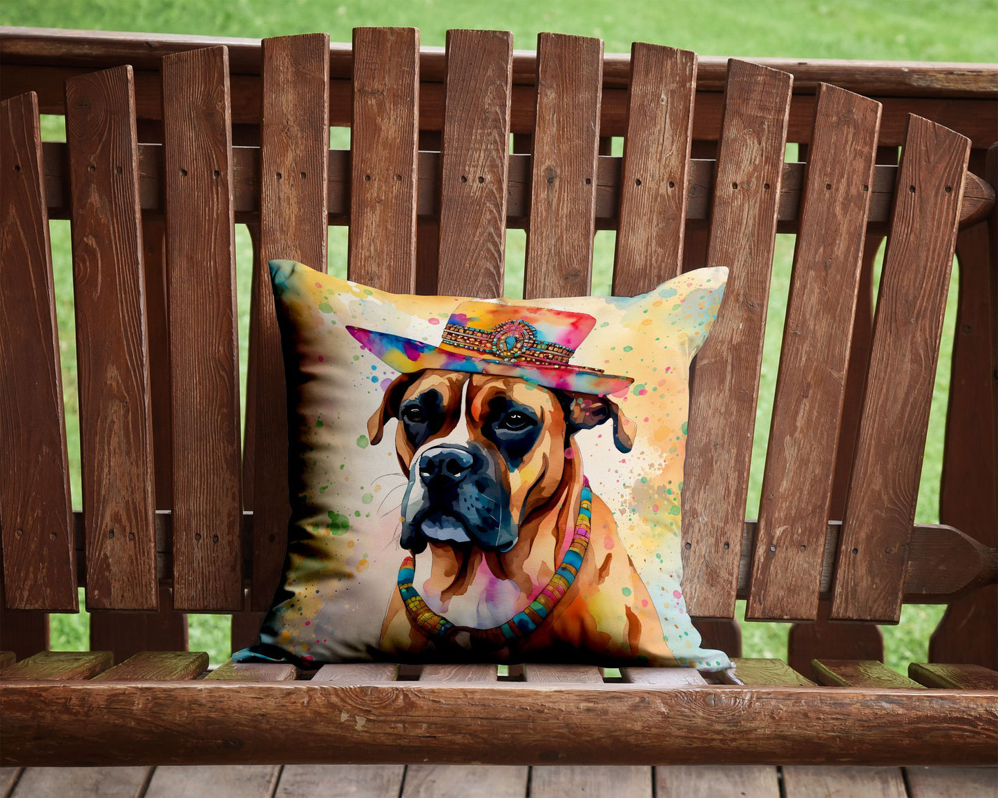 Boxer Hippie Dawg Throw Pillow Machine Washable, Indoor Outdoor Decorative Pillow for Couch, Bed or Patio, 14Hx14W