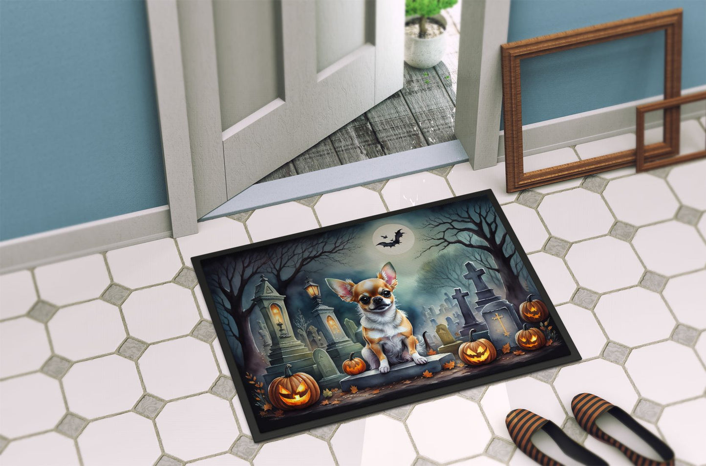 Chihuahua Spooky Halloween Doormat Front Door Mat Indoor Outdoor Rugs for Entryway, Non Slip Washable Low Pile, 24H X 36W