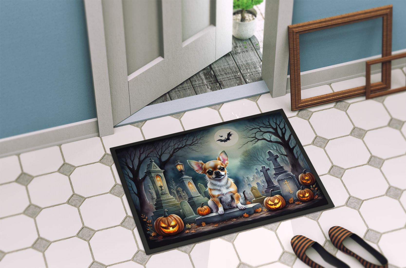Chihuahua Spooky Halloween Doormat Front Door Mat Indoor Outdoor Rugs for Entryway, Non Slip Washable Low Pile, 24H X 36W