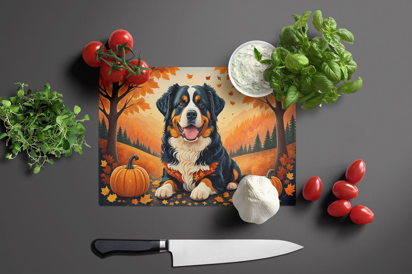 NEW Bernese Mountain Dog Fall Glass Cutting Board Decorative Tempered Glass Kitchen Cutting and Serving Board Large Size Chopping Board