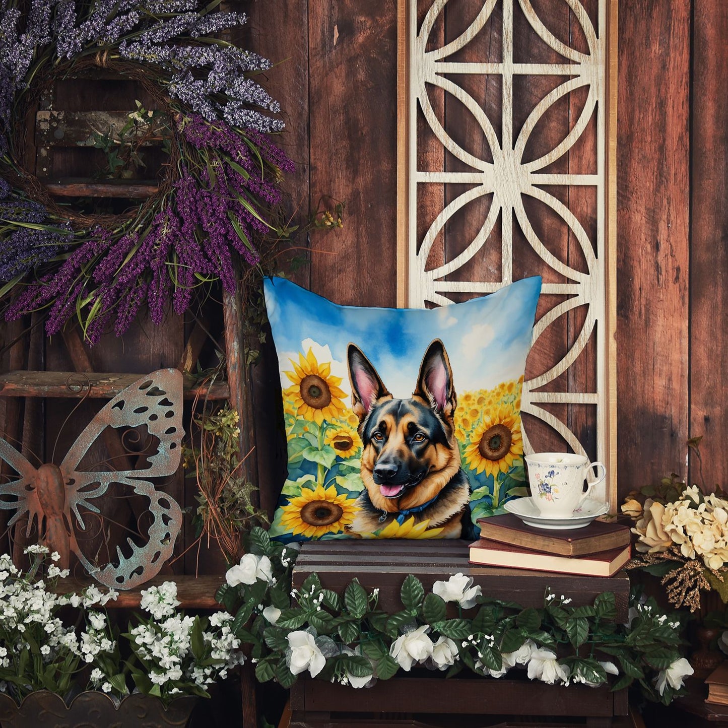 German Shepherd in Sunflowers Throw Pillow Machine Washable, Indoor Outdoor Decorative Pillow for Couch, Bed or Patio, 14Hx14W