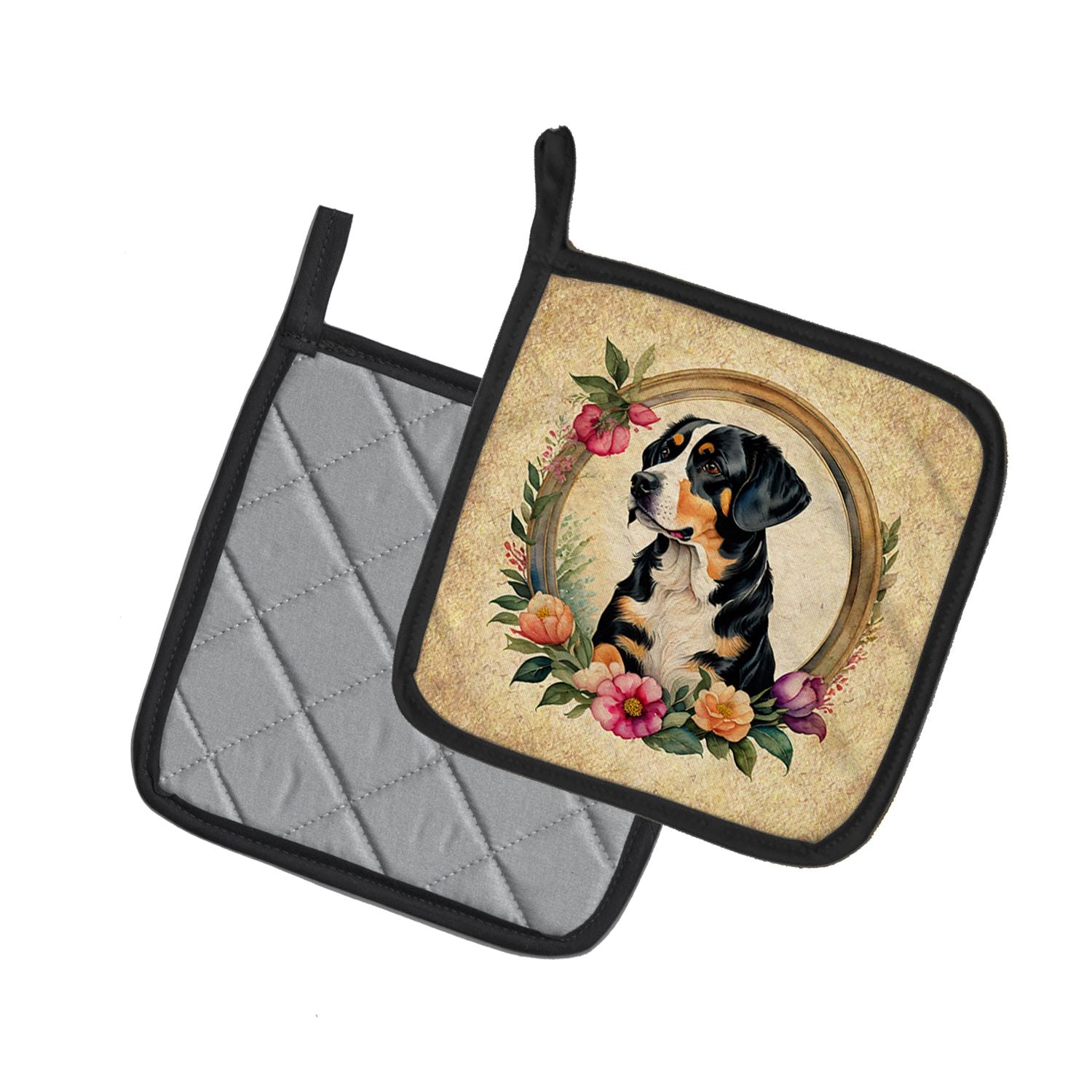 Entlebucher Mountain Dog and Flowers Pair of Pot Holders Kitchen Heat Resistant Pot Holders Sets Oven Hot Pads for Cooking Baking BBQ, 7 1/2 x 7 1/2