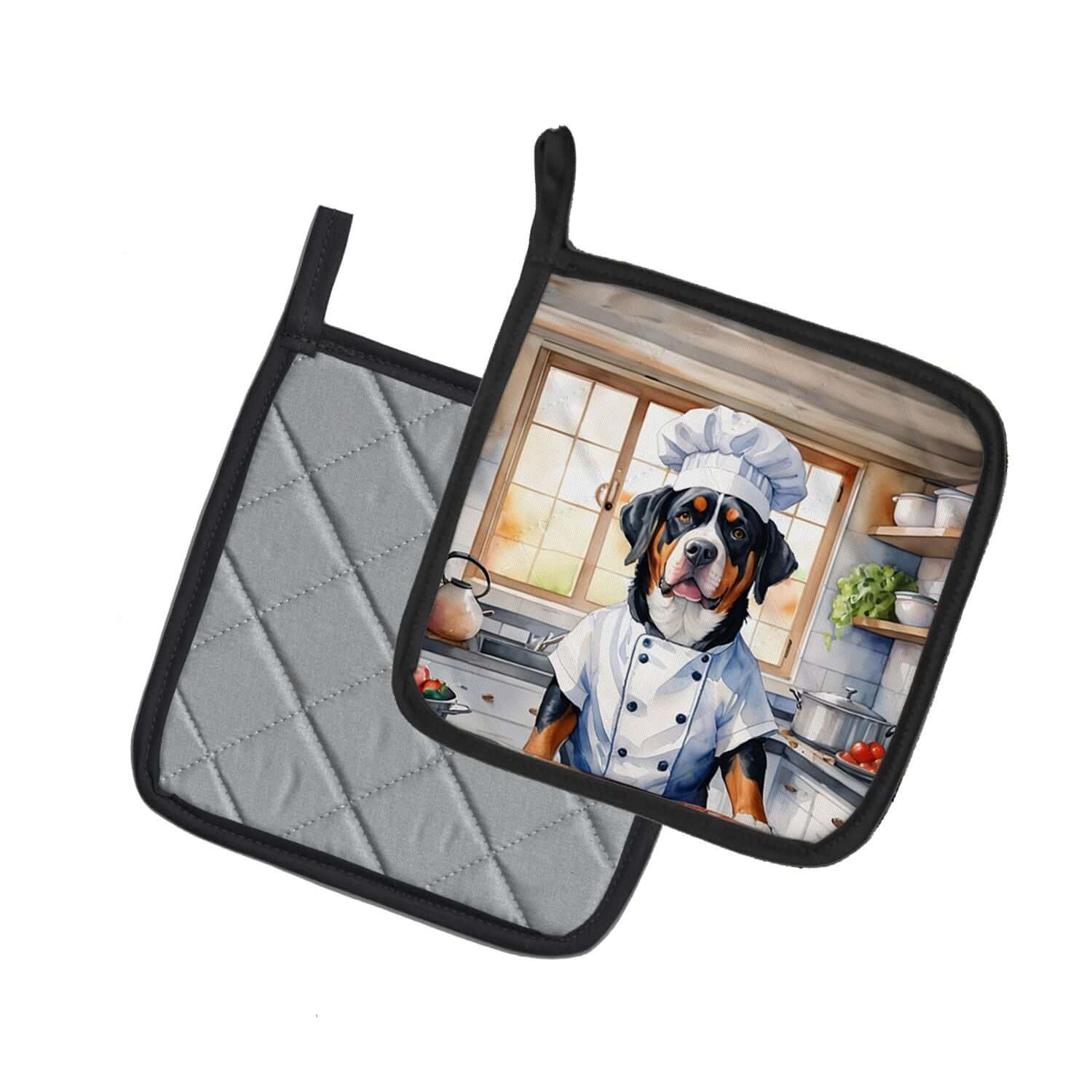 Greater Swiss Mountain Dog The Chef Pair of Pot Holders Kitchen Heat Resistant Pot Holders Sets Oven Hot Pads for Cooking Baking BBQ, 7 1/2 x 7 1/2