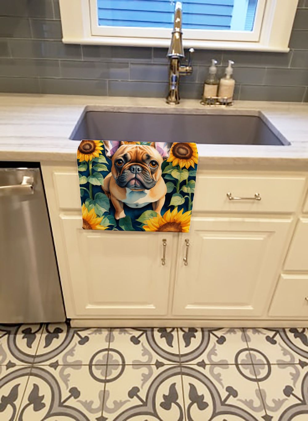 French Bulldog in Sunflowers Kitchen Towel Dish Cloths Guest Hand Towel Decorative Bathroom Towel for Face,Tea, Dishcloth, Kitchen and Bath
