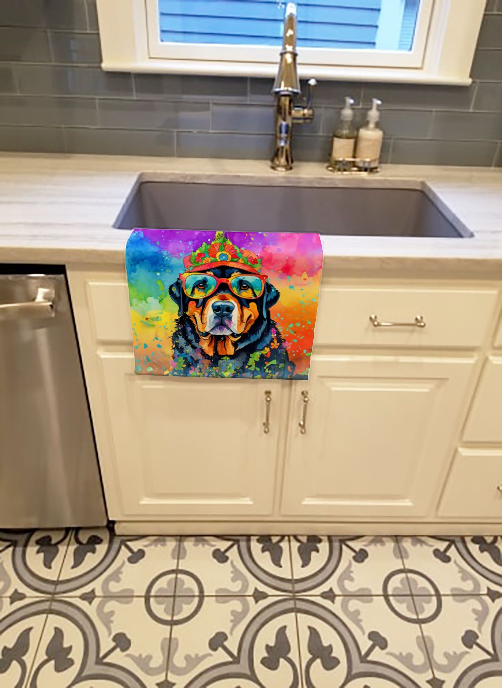 Rottweiler Hippie Dawg Kitchen Towel Dish Cloths Guest Hand Towel Decorative Bathroom Towel for Face,Tea, Dishcloth, Kitchen and Bath