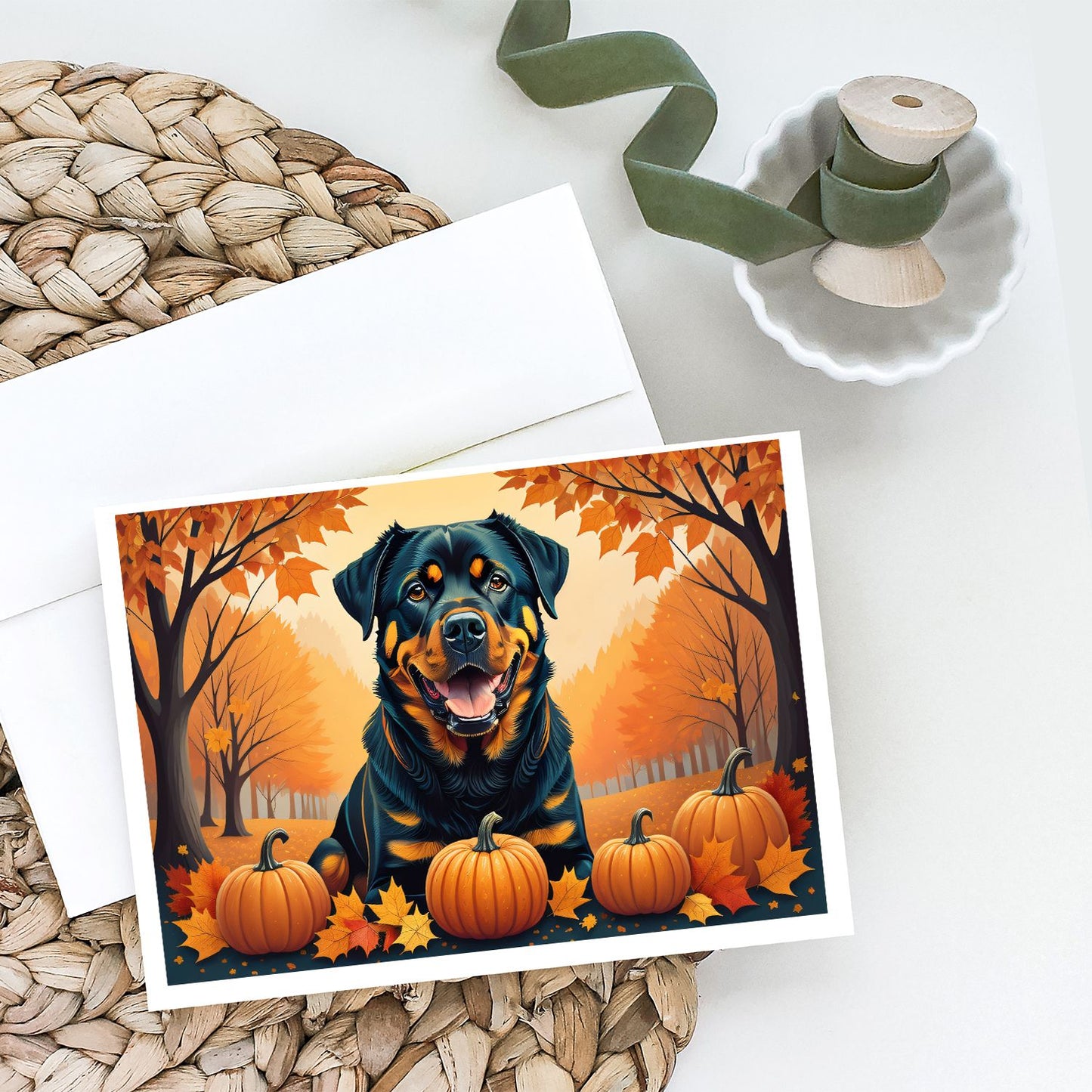 Rottweiler Fall Greeting Cards Pack of 8 Blank Cards with Envelopes Whimsical A7 Size 5x7 Blank Note Cards