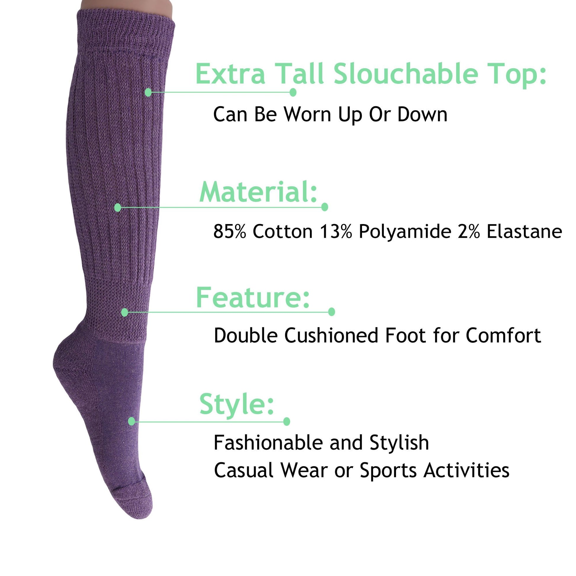 Women's Extra Long Slouch Scrunch Socks Knee High, Cotton Blend, Pack of 2, Fits Shoe Sizes 5-10, 80s Style, 28 Colors