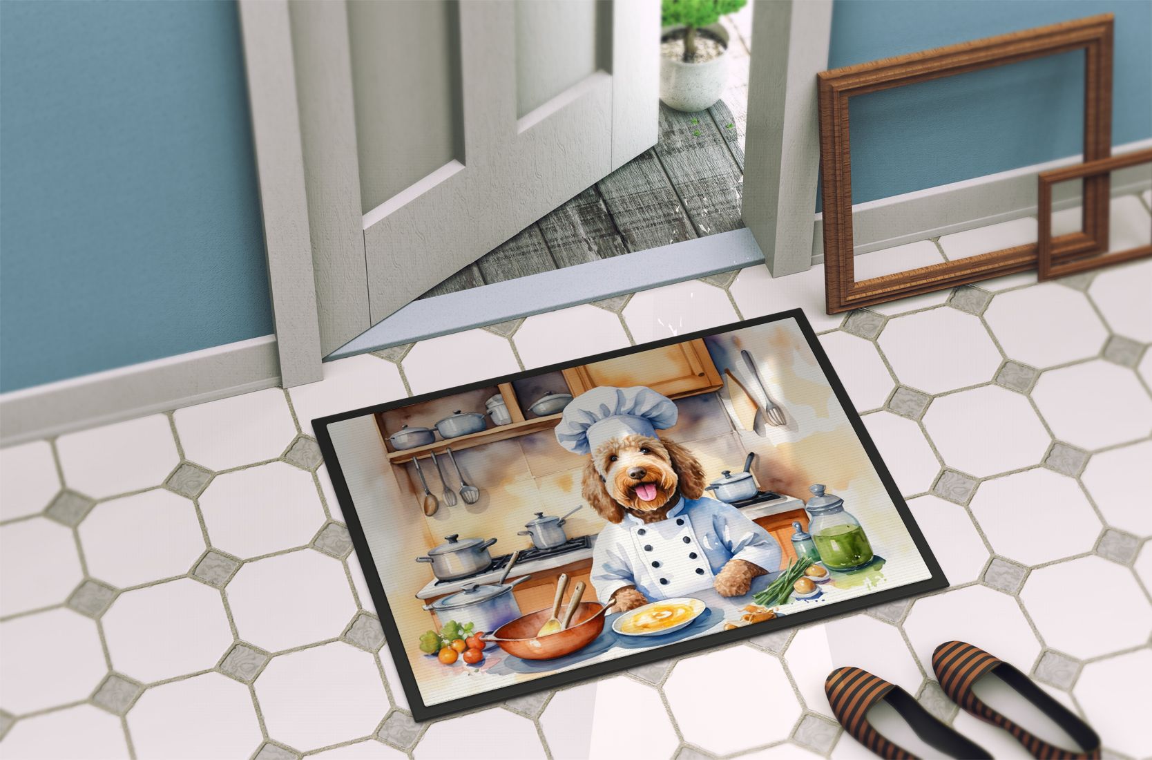 NEW Labradoodle The Chef Doormat Front Door Mat Indoor Outdoor Rugs for Entryway, Non Slip Washable Low Pile, 18H X 27W