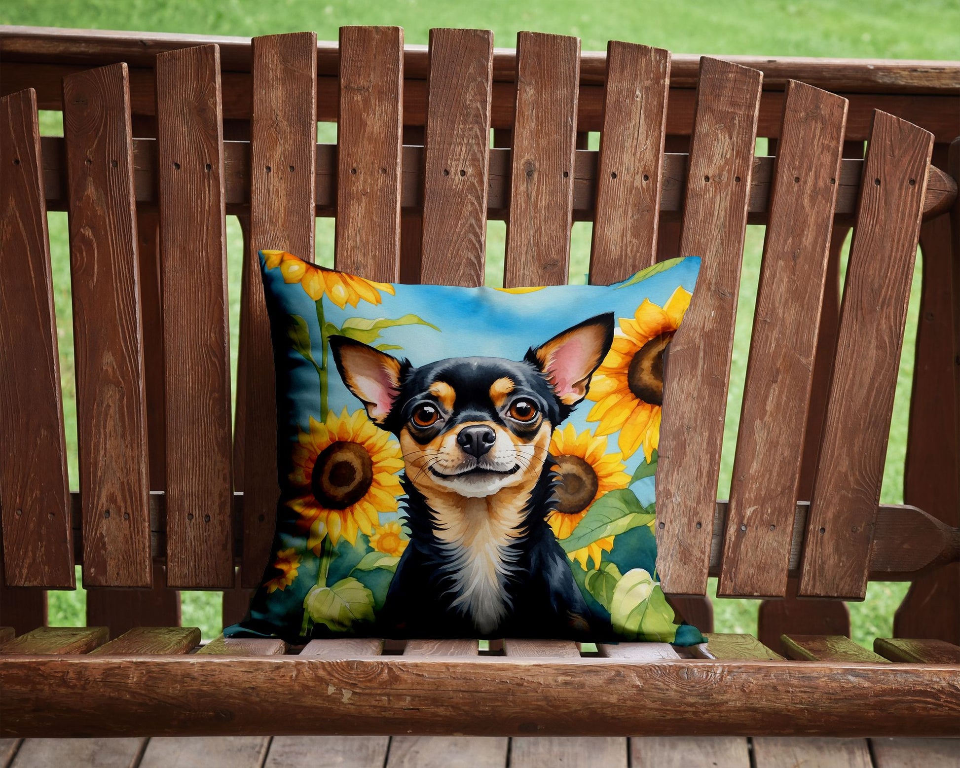 Chihuahua in Sunflowers Throw Pillow Machine Washable, Indoor Outdoor Decorative Pillow for Couch, Bed or Patio, 14Hx14W