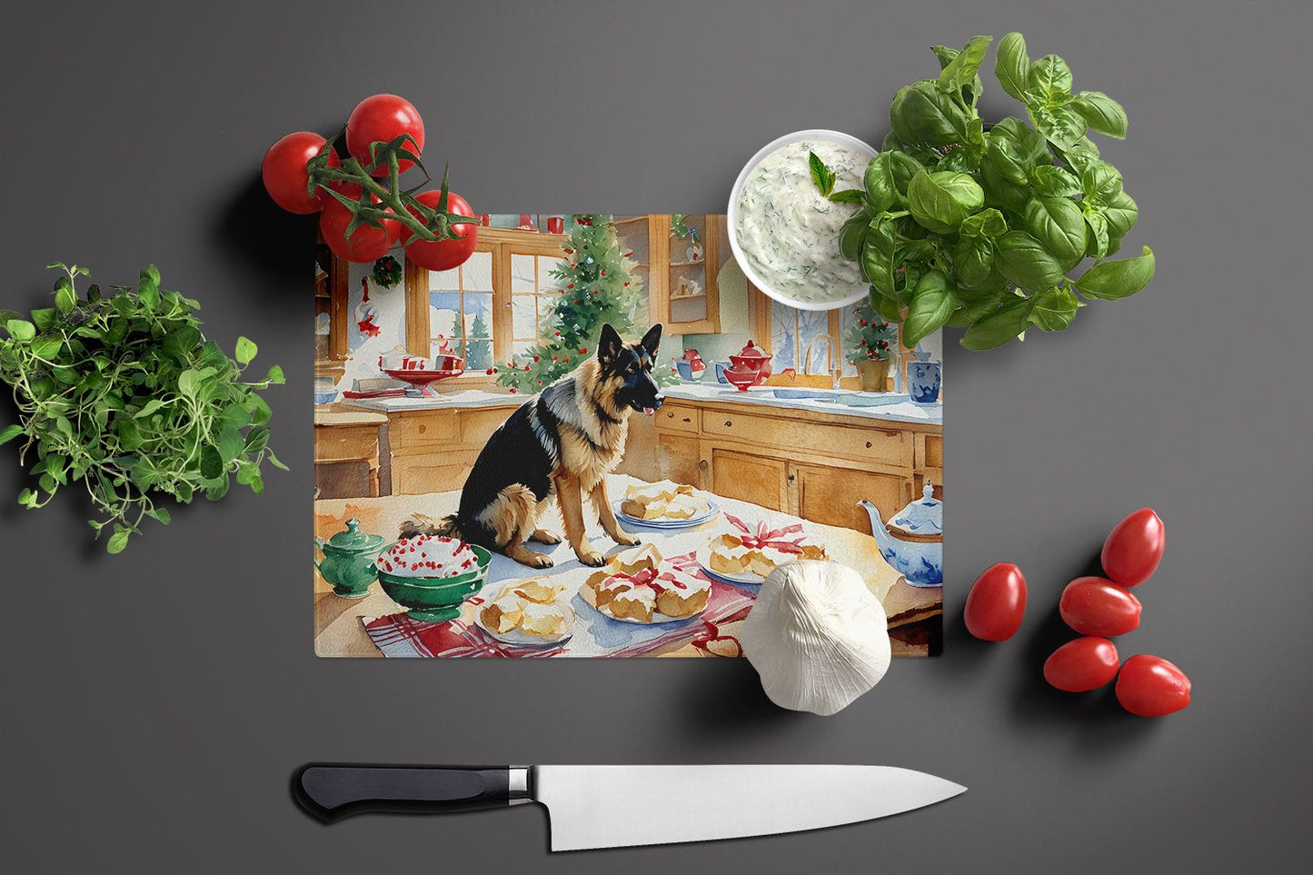 NEW German Shepherd Christmas Cookies Glass Cutting Board Decorative Tempered Glass Kitchen Cutting and Serving Board Large Size Chopping Board