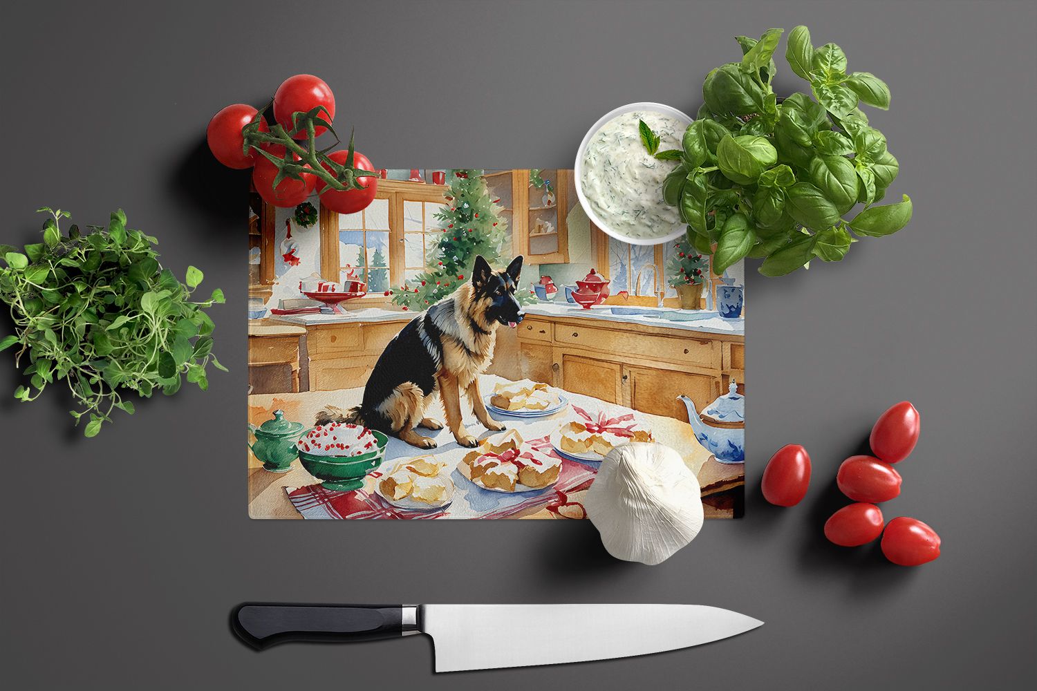 NEW German Shepherd Christmas Cookies Glass Cutting Board Decorative Tempered Glass Kitchen Cutting and Serving Board Large Size Chopping Board