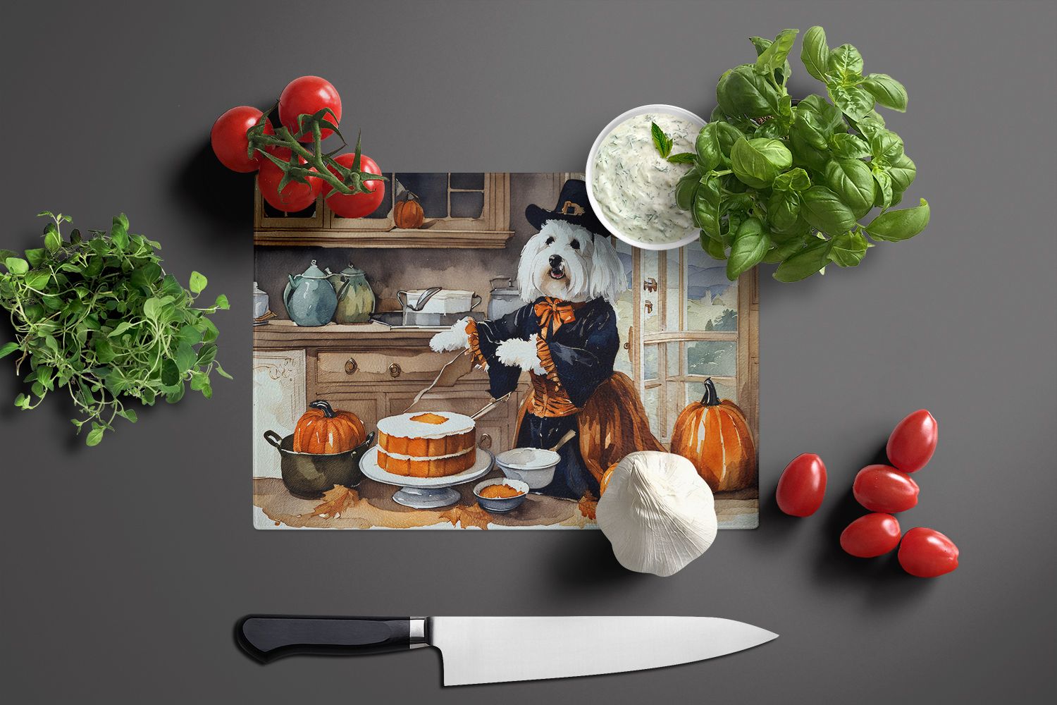 NEW Coton De Tulear Fall Kitchen Pumpkins Glass Cutting Board Decorative Tempered Glass Kitchen Cutting and Serving Board Large Size Chopping Board