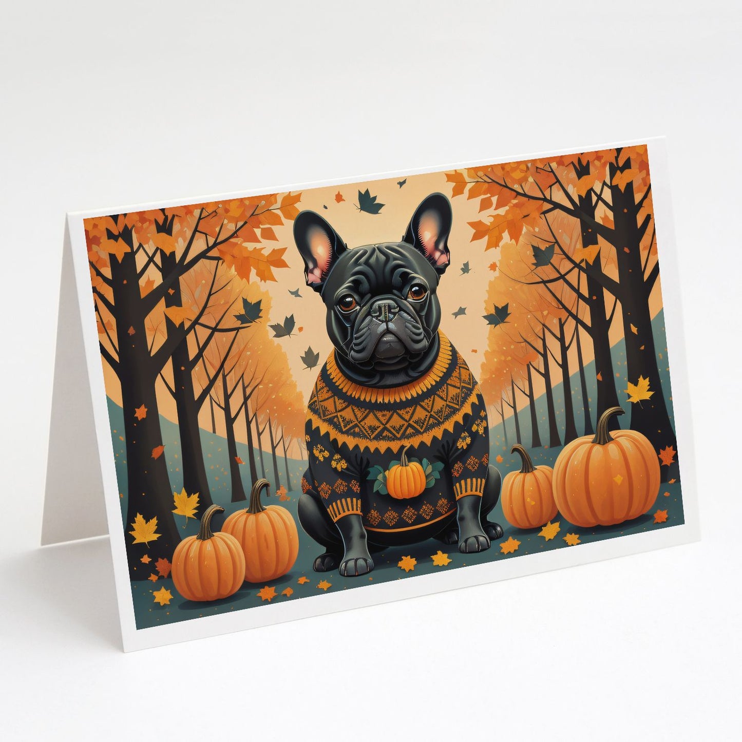 Black French Bulldog Fall Greeting Cards Pack of 8 Blank Cards with Envelopes Whimsical A7 Size 5x7 Blank Note Cards