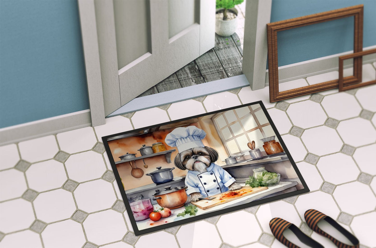 Shih Tzu The Chef Doormat Front Door Mat Indoor Outdoor Rugs for Entryway, Non Slip Washable Low Pile, 24H X 36W