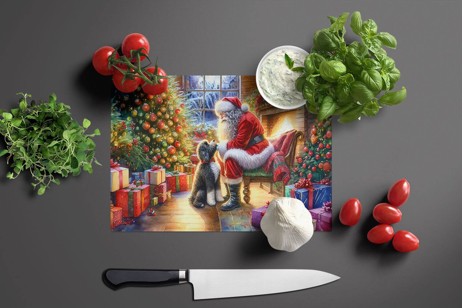NEW Portuguese Water Dog and Santa Claus Glass Cutting Board Decorative Tempered Glass Kitchen Cutting and Serving Board Large Size Chopping Board