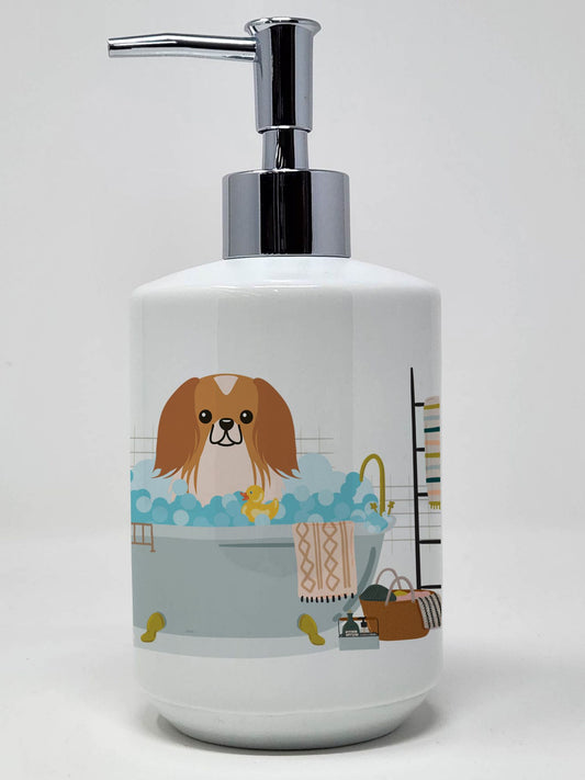 Red White Pekingese in Bathtub Ceramic Soap Dispenser Hand Soap Dispenser Pump Bottles for Bathroom Kitchen, Empty Refillable Liquid Soap Container
