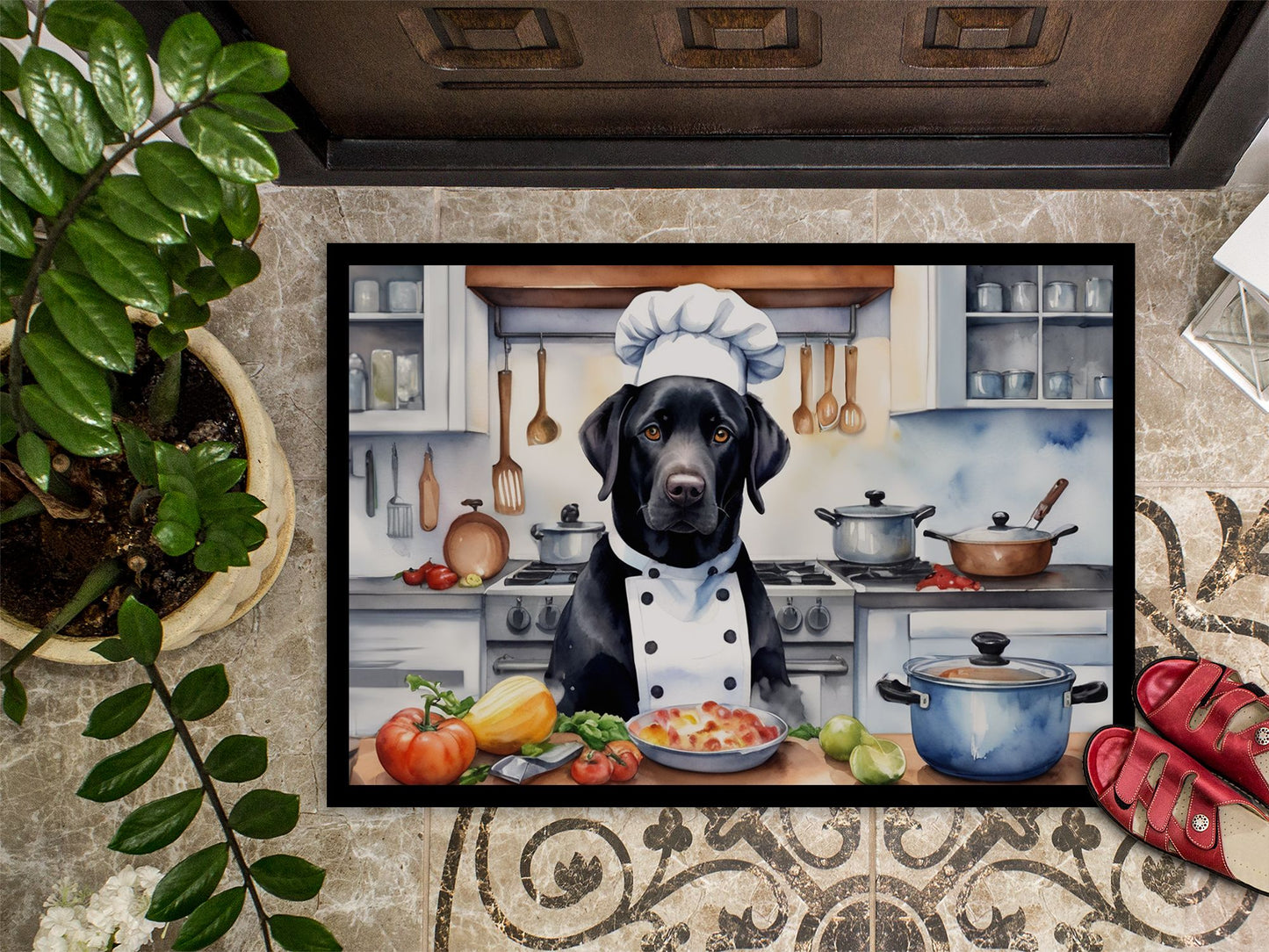 Black Labrador Retriever The Chef Doormat Front Door Mat Indoor Outdoor Rugs for Entryway, Non Slip Washable Low Pile, 24H X 36W