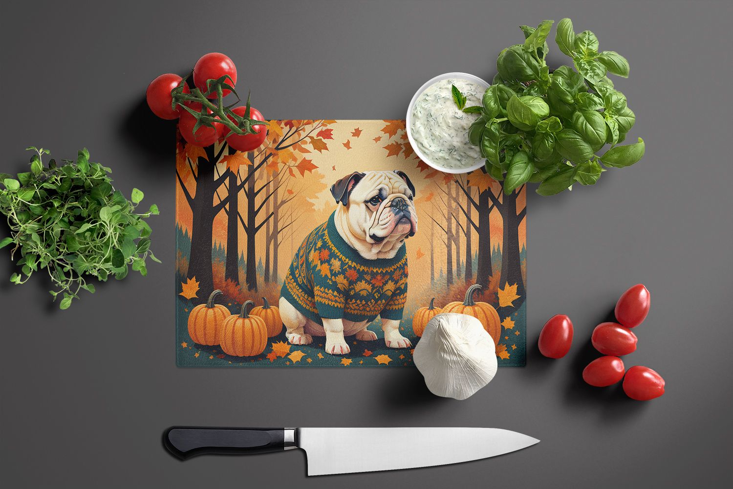 NEW White English Bulldog Fall Glass Cutting Board Decorative Tempered Glass Kitchen Cutting and Serving Board Large Size Chopping Board