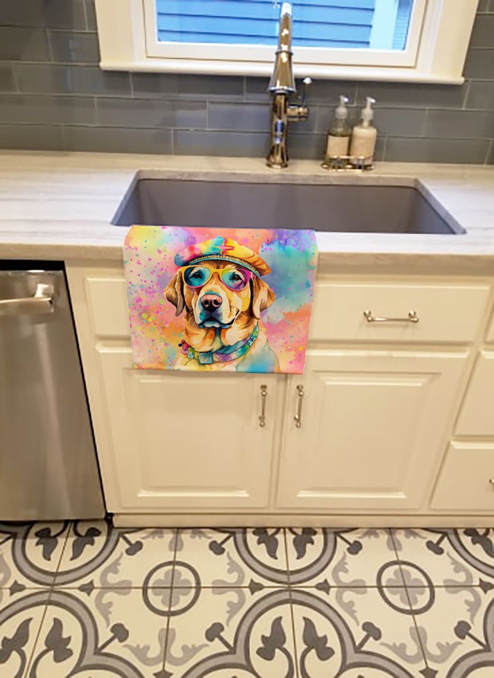 Yellow Labrador Hippie Dawg Kitchen Towel Dish Cloths Guest Hand Towel Decorative Bathroom Towel for Face,Tea, Dishcloth, Kitchen and Bath