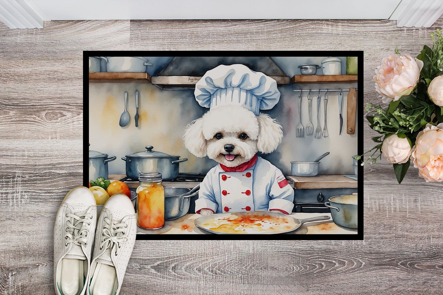 Bichon Frise The Chef Doormat Front Door Mat Indoor Outdoor Rugs for Entryway, Non Slip Washable Low Pile, 24H X 36W