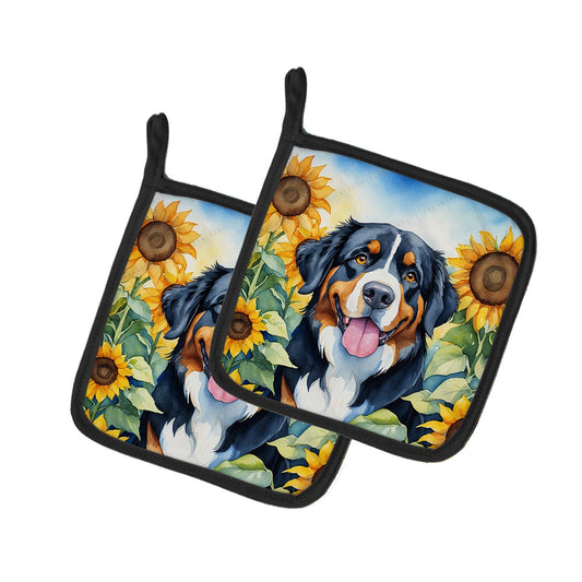 Bernese Mountain Dog in Sunflowers Pair of Pot Holders Kitchen Heat Resistant Pot Holders Sets Oven Hot Pads for Cooking Baking BBQ, 7 1/2 x 7 1/2