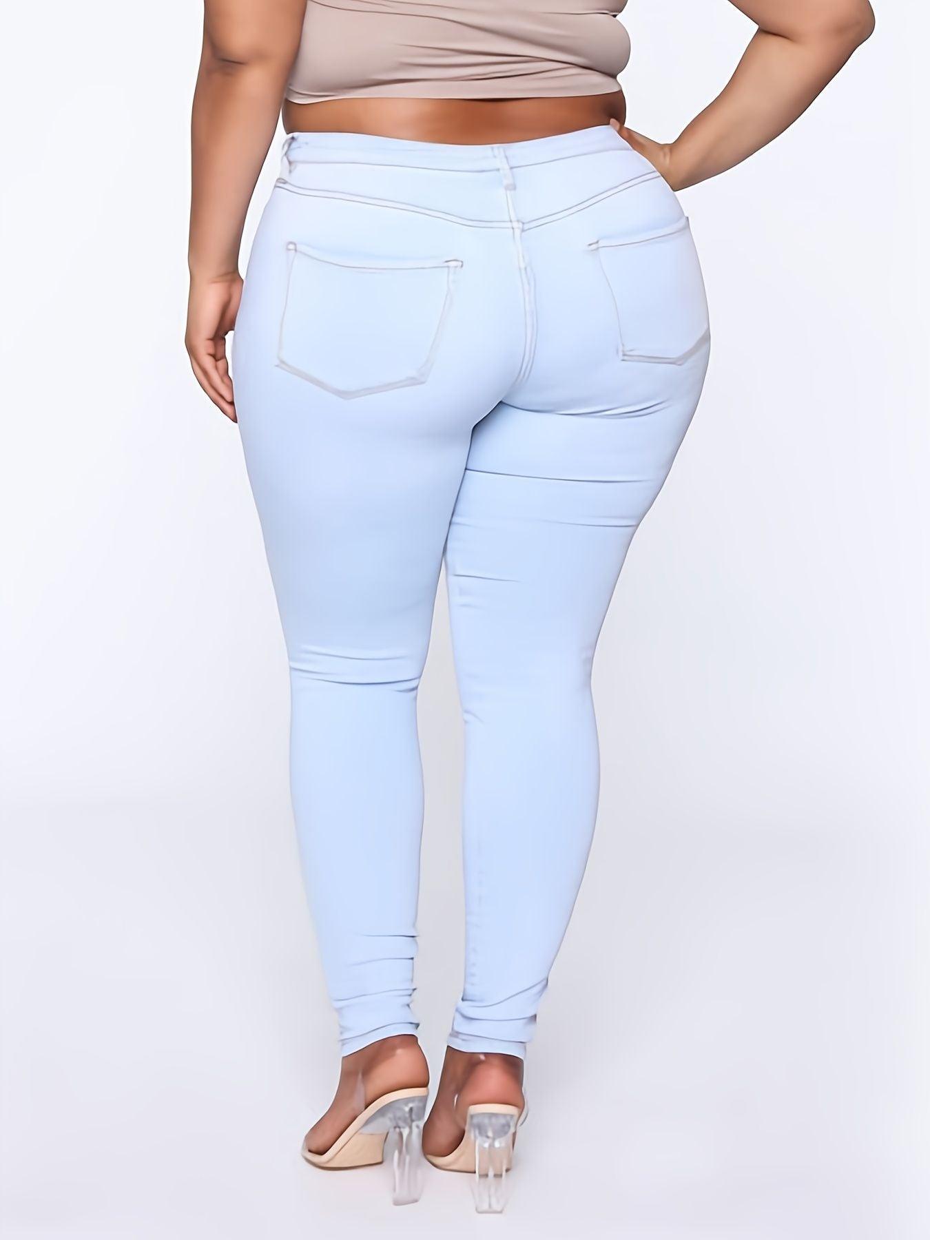 Plus Size High Rise Button Fly Skinny Jeans; Women's Plus Slight Stretch Casual Denim Skinny Pants