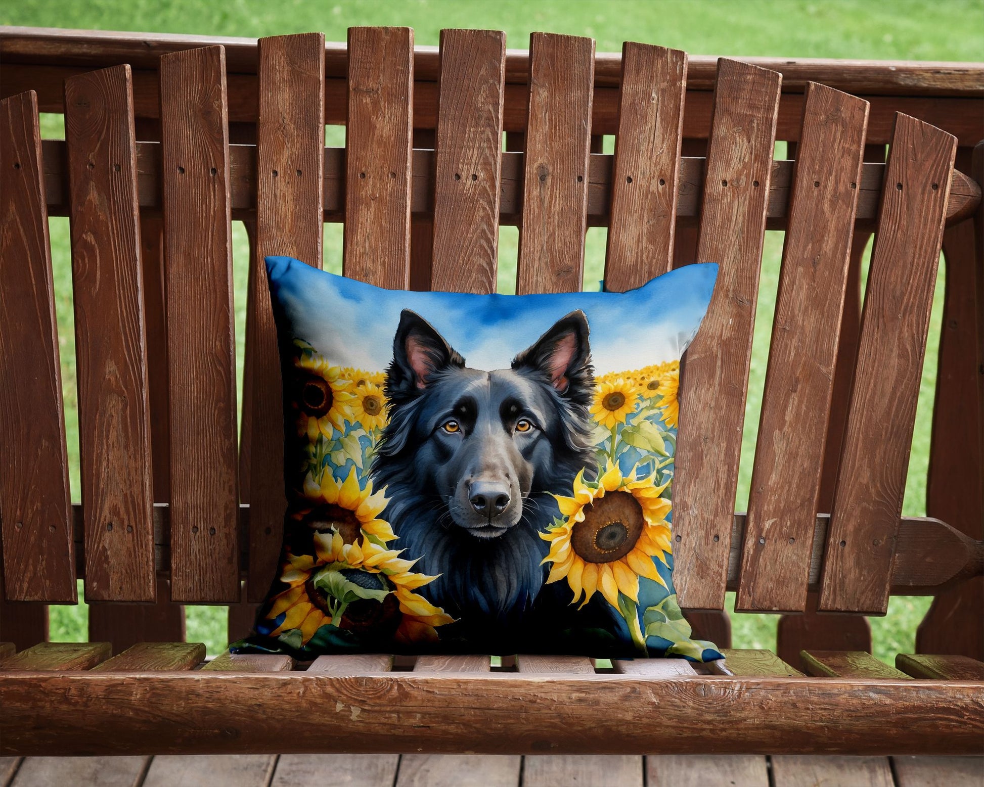 Belgian Sheepdog in Sunflowers Throw Pillow Machine Washable, Indoor Outdoor Decorative Pillow for Couch, Bed or Patio, 14Hx14W