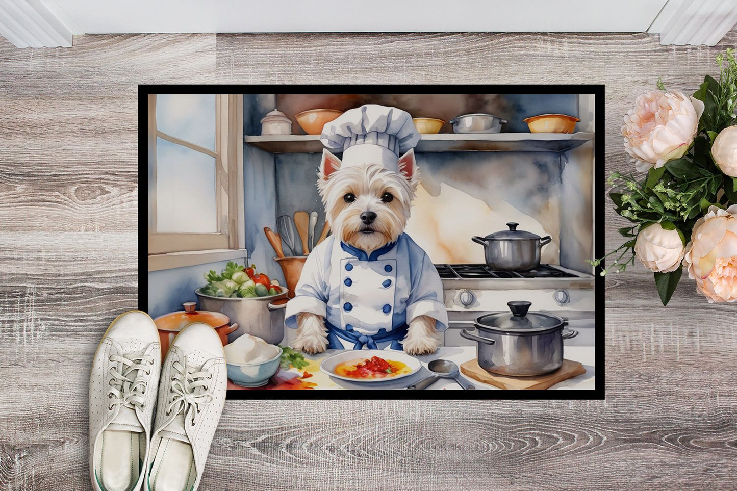 NEW Westie The Chef Doormat Front Door Mat Indoor Outdoor Rugs for Entryway, Non Slip Washable Low Pile, 18H X 27W