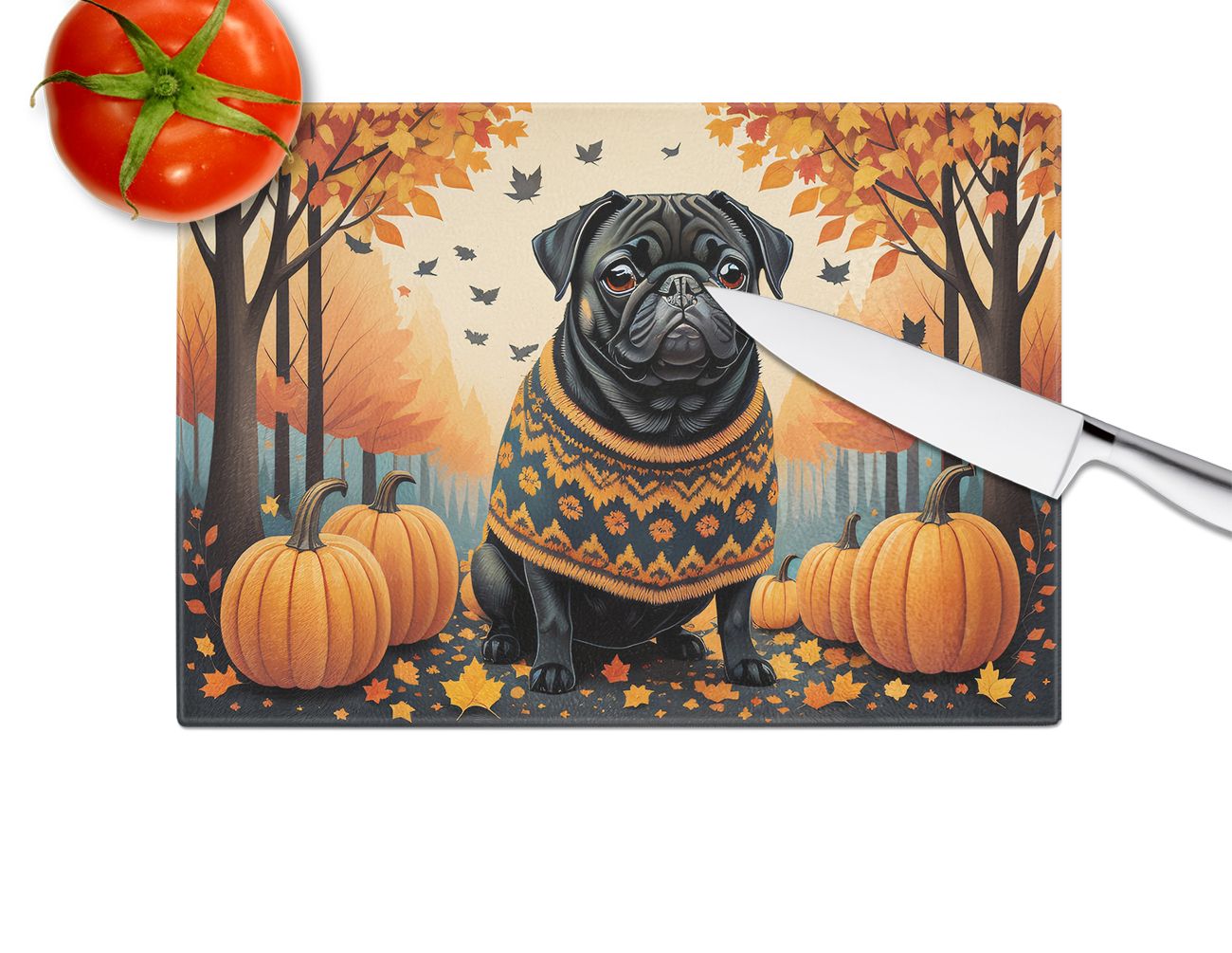 NEW Black Pug Fall Glass Cutting Board Decorative Tempered Glass Kitchen Cutting and Serving Board Large Size Chopping Board
