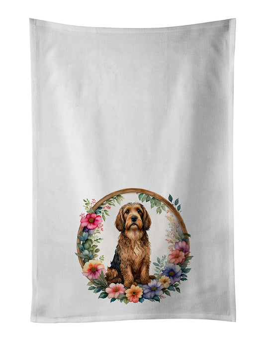 Otterhound and Flowers Kitchen Towel Set of 2 White Dish Towels Decorative Bathroom Hand towel for Hand, Face, Hair, Yoga, Tea, Dishcloth, 19 X 28", White