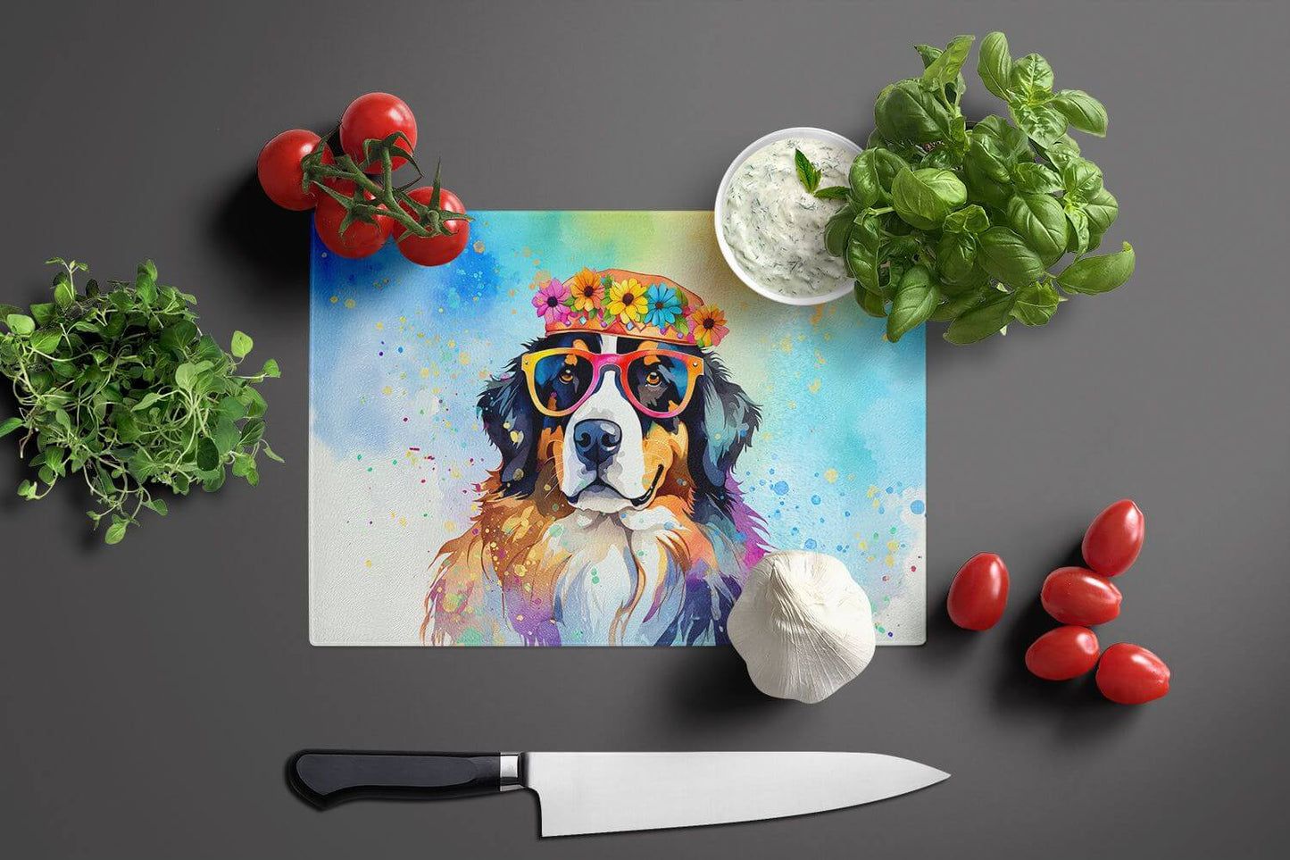 NEW Bernese Mountain Dog Hippie Dawg Glass Cutting Board Decorative Tempered Glass Kitchen Cutting and Serving Board Large Size Chopping Board