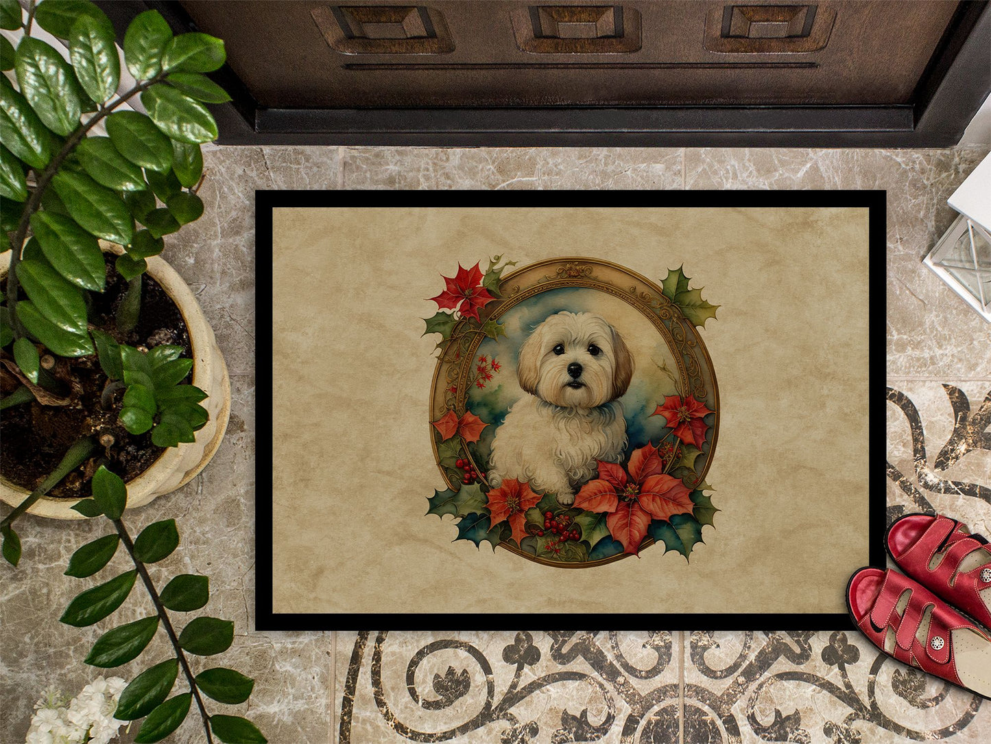 NEW Coton De Tulear Christmas Flowers Doormat Front Door Mat Indoor Outdoor Rugs for Entryway, Non Slip Washable Low Pile, 18H X 27W