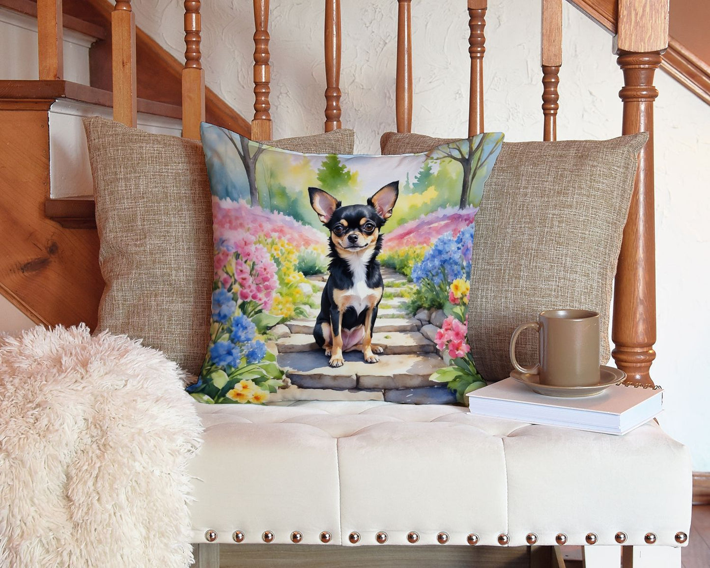 Chihuahua Spring Path Throw Pillow Machine Washable, Indoor Outdoor Decorative Pillow for Couch, Bed or Patio, 14Hx14W