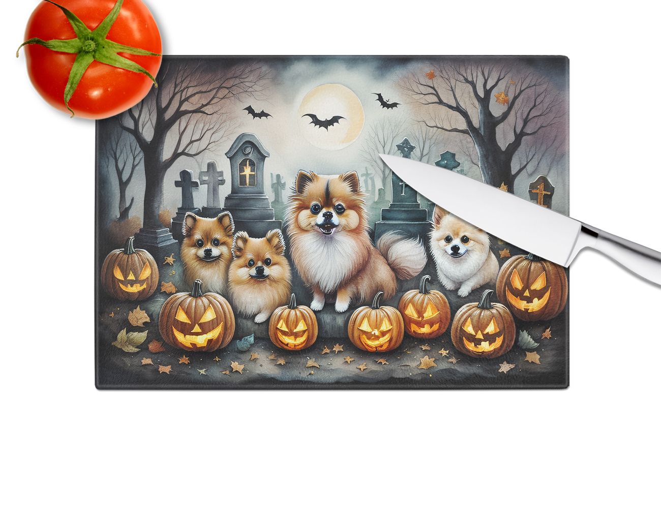 NEW Pomeranian Spooky Halloween Glass Cutting Board Decorative Tempered Glass Kitchen Cutting and Serving Board Large Size Chopping Board
