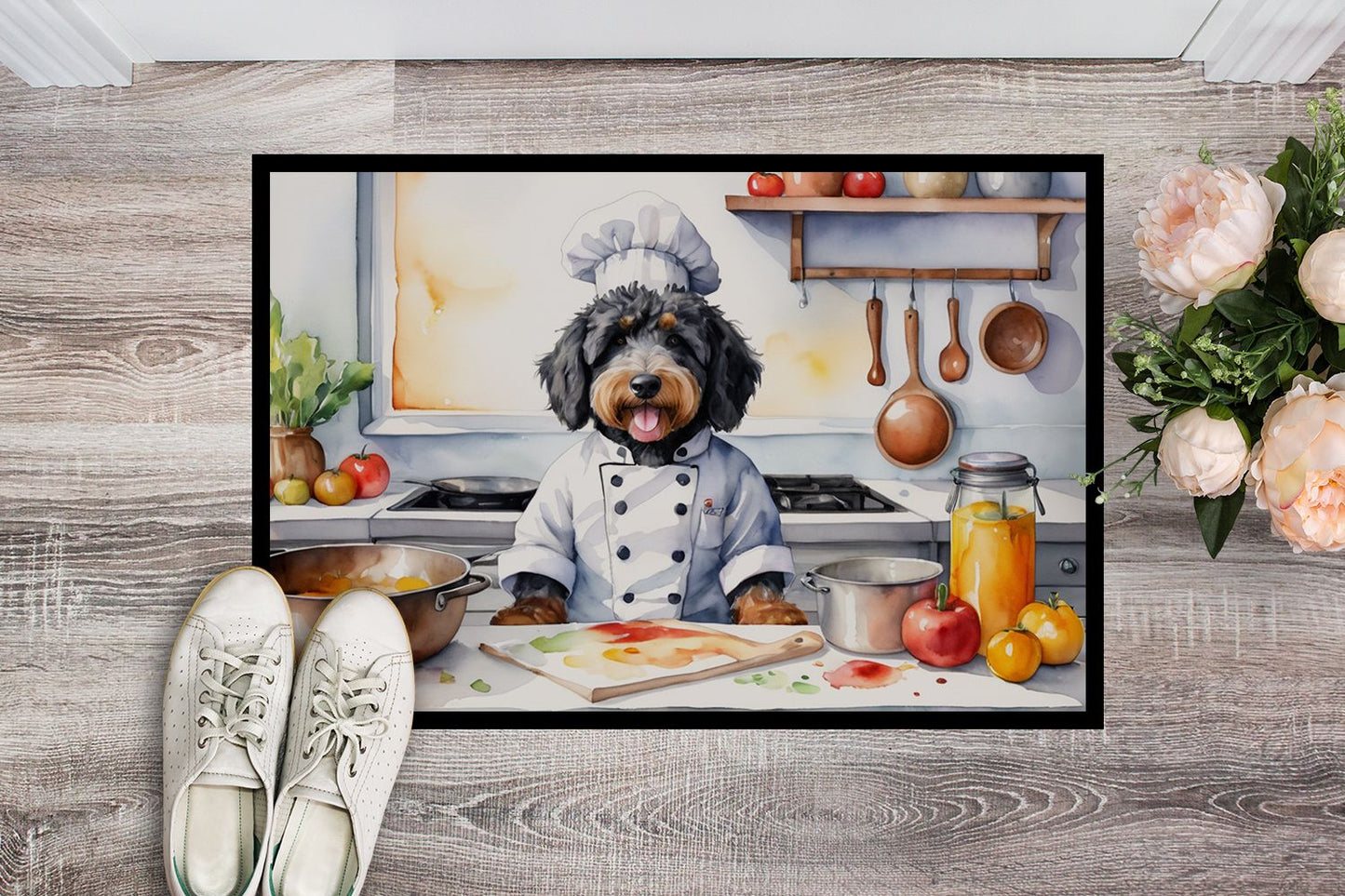 Bernedoodle The Chef Doormat Front Door Mat Indoor Outdoor Rugs for Entryway, Non Slip Washable Low Pile, 24H X 36W