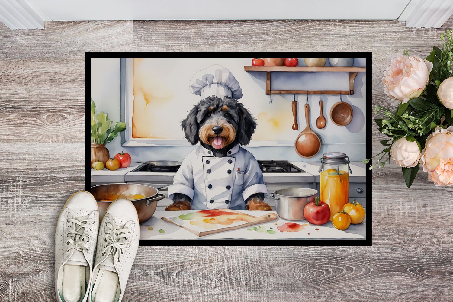 Bernedoodle The Chef Doormat Front Door Mat Indoor Outdoor Rugs for Entryway, Non Slip Washable Low Pile, 24H X 36W