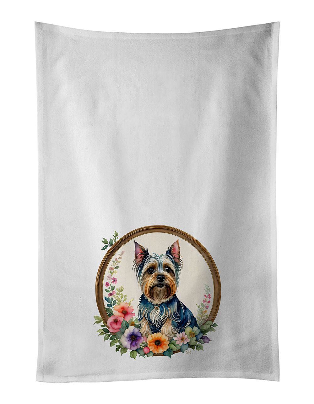 Silky Terrier and Flowers Kitchen Towel Set of 2 White Dish Towels Decorative Bathroom Hand towel for Hand, Face, Hair, Yoga, Tea, Dishcloth, 19 X 28", White