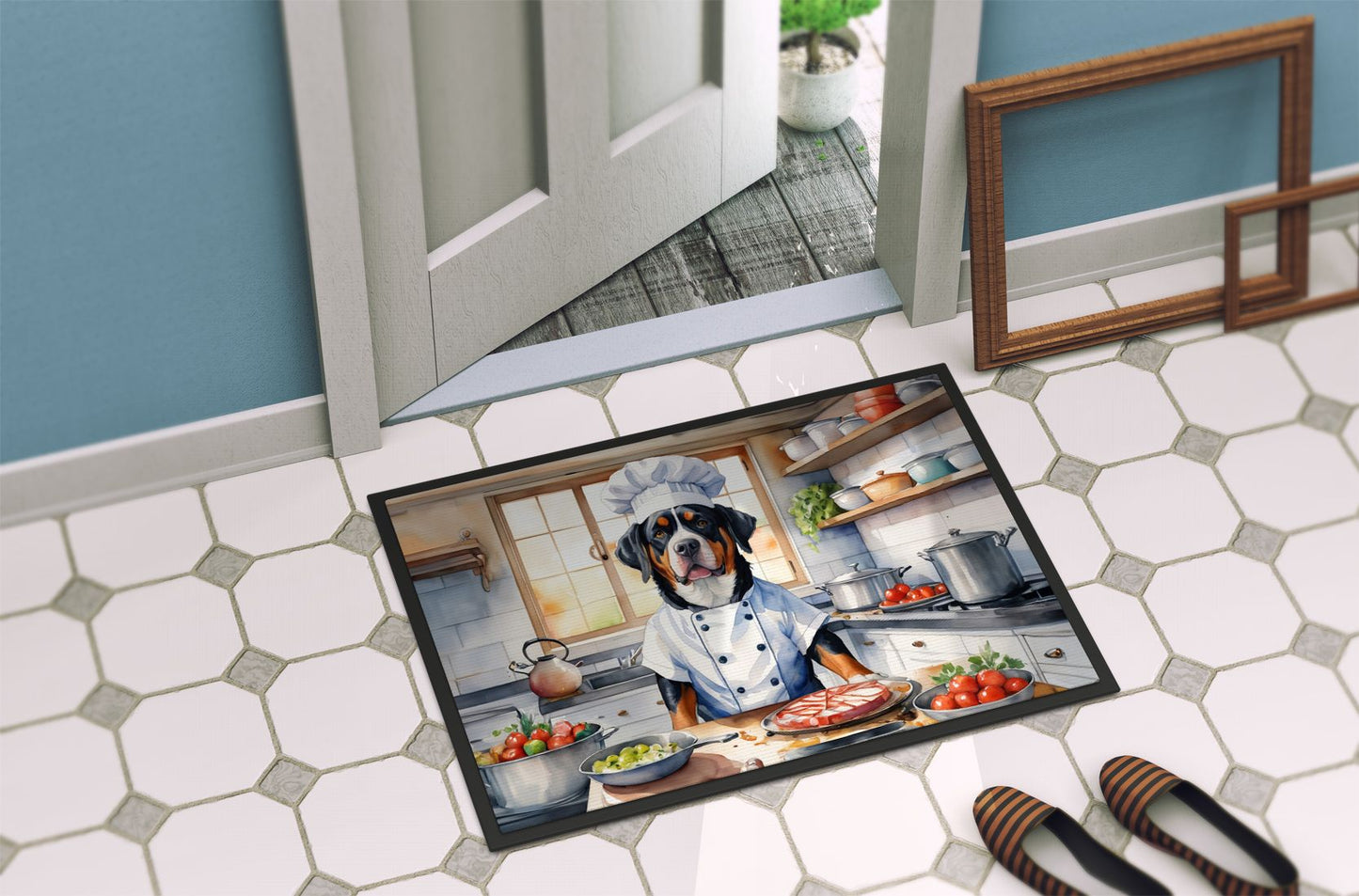 Greater Swiss Mountain Dog The Chef Doormat Front Door Mat Indoor Outdoor Rugs for Entryway, Non Slip Washable Low Pile, 24H X 36W