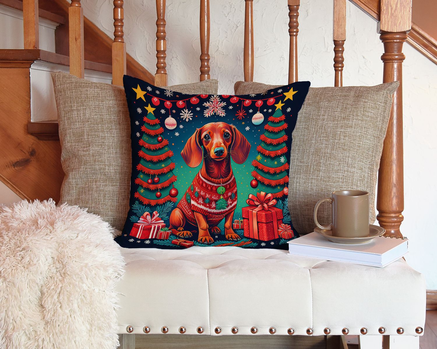 Dachshund Christmas Throw Pillow Machine Washable, Indoor Outdoor Decorative Pillow for Couch, Bed or Patio, 14Hx14W