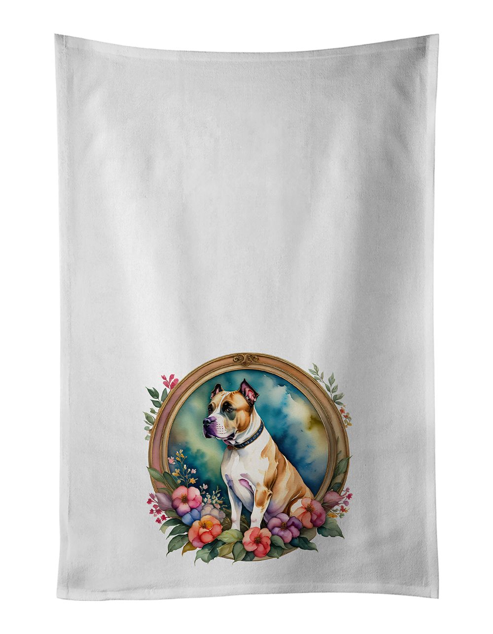American Staffordshire Terrier and Flowers Kitchen Towel Set of 2 White Dish Towels Decorative Bathroom Hand towel for Hand, Face, Hair, Yoga, Tea, Dishcloth, 19 X 28", White