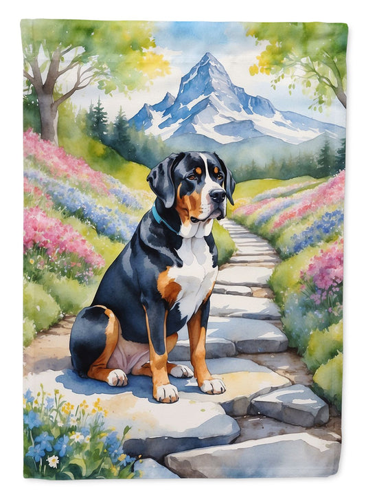Greater Swiss Mountain Dog Spring Path House Flag Large Porch Sleeve Pole Decorative Outside Yard Banner Artwork Wall Hanging, Polyester, House Size, Multicolor