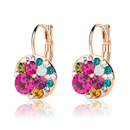 Multicolored Austrian Crystal Leverback Earrings for Women 14K Gold Plated Dangle Hoop Earrings Hypoallergenic Jewelry