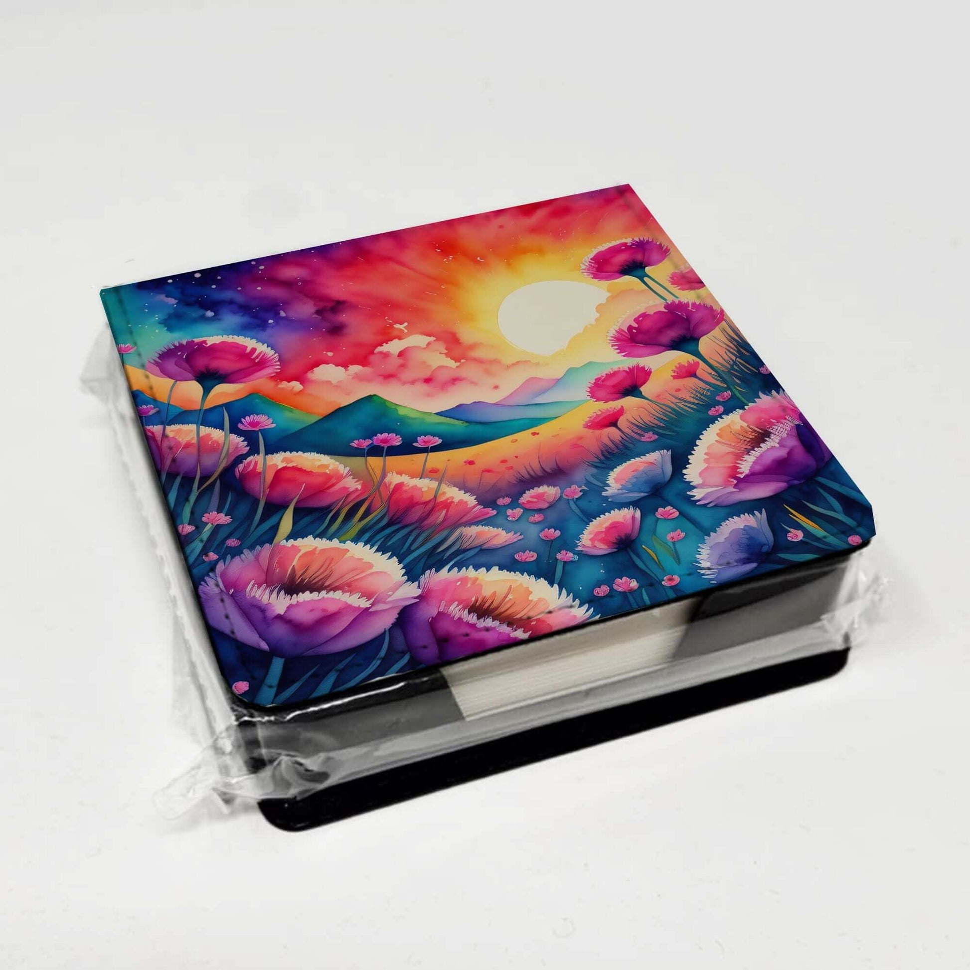 Colorful Dianthus PU Leather Note Paper Holder with Artist-Designed Cover, Desk Accessory, Office Gift