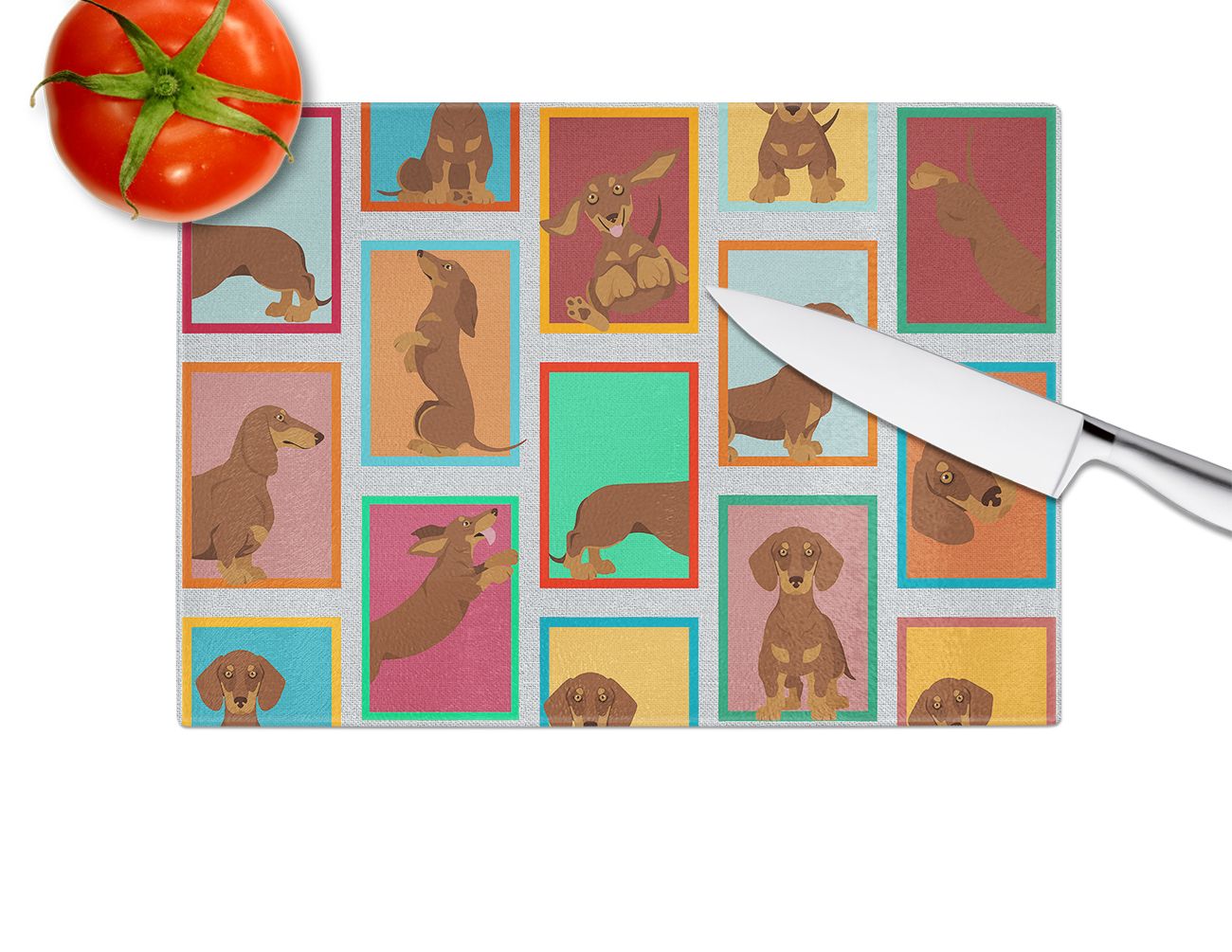 NEW Lots of Chocolate and Tan Dachshund Glass Cutting Board Decorative Tempered Glass Kitchen Cutting and Serving Board Large Size Chopping Board