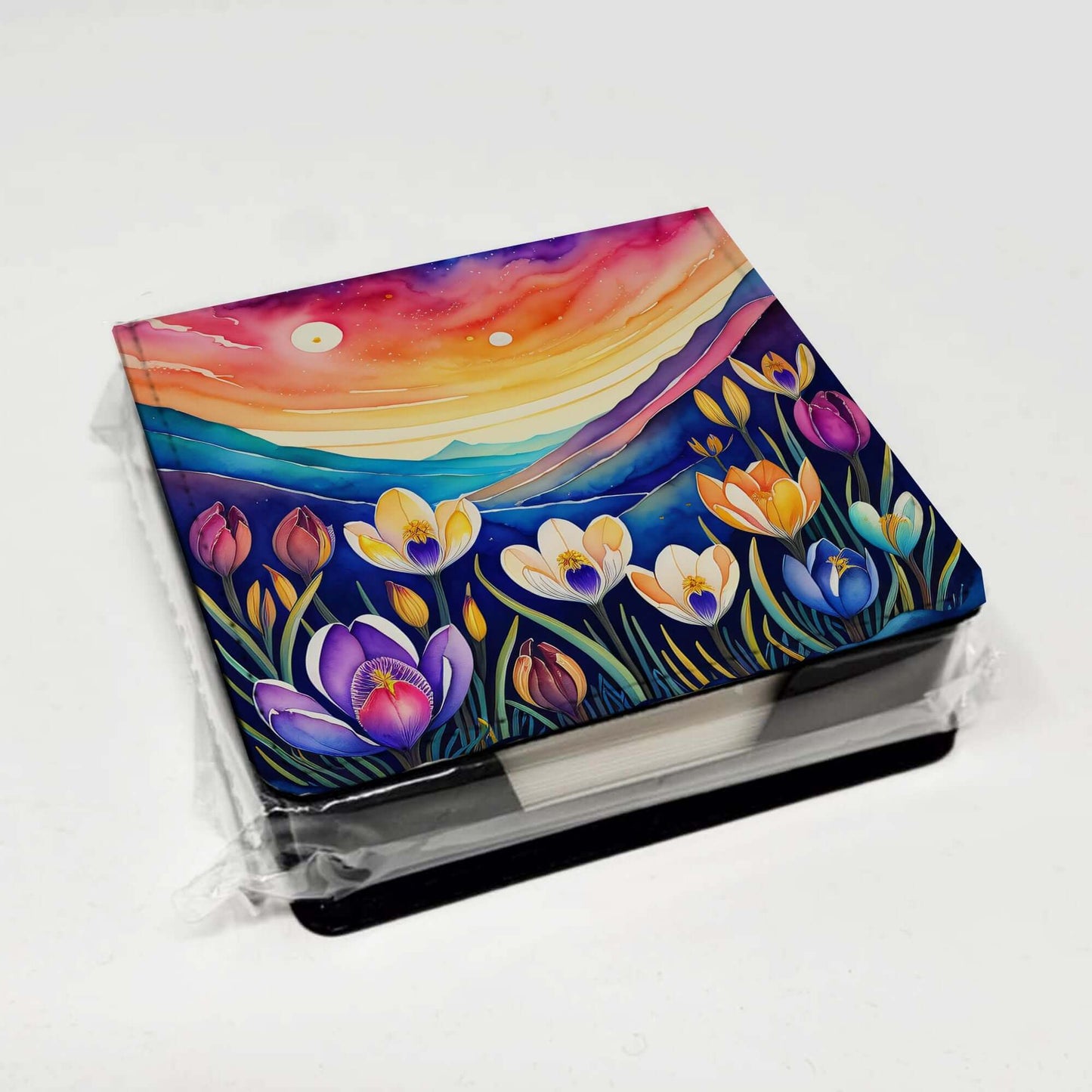 Colorful Crocus PU Leather Note Paper Holder with Artist-Designed Cover, Desk Accessory, Office Gift